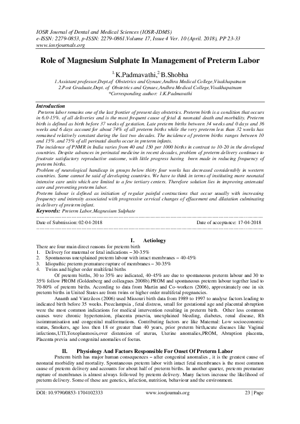 (PDF) Role of Magnesium Sulphate In Management of Preterm Labor IOSR