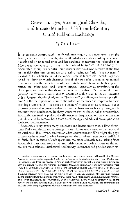 Eric Lawee, “Graven Images, Astromagical Cherubs, Mosaic Miracles: A Fifteenth-Century Curial-Rabbinic Exchange,” Speculum, vol. 81, no. 3 (July 2006): 754-795