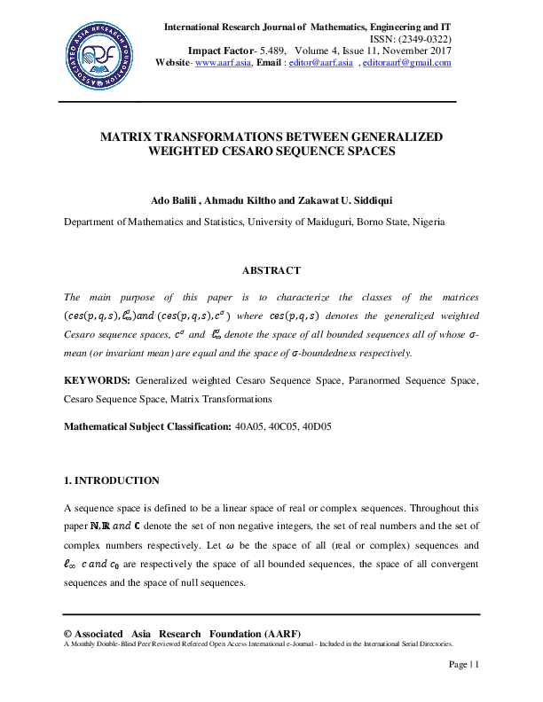 (PDF) MATRIX TRANSFORMATIONS BETWEEN GENERALIZED WEIGHTED CESARO ...