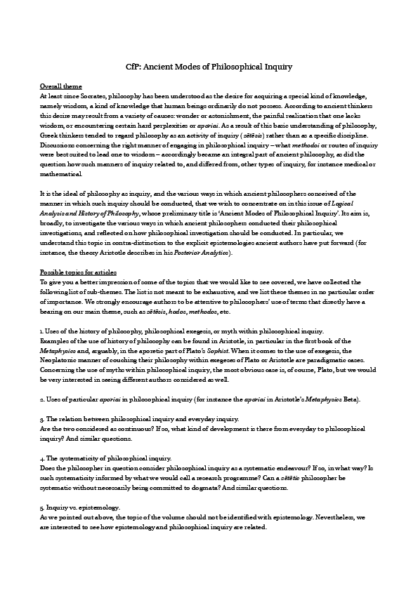 (PDF) CfP: Ancient Modes of Philosophical Inquiry