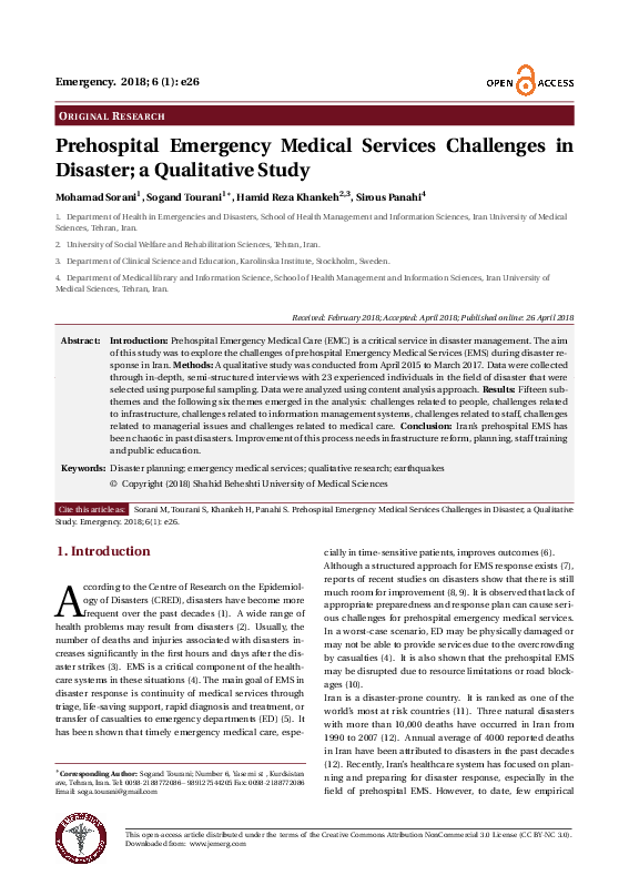 (PDF) Prehospital Emergency Medical Services Challenges in Disaster; a ...