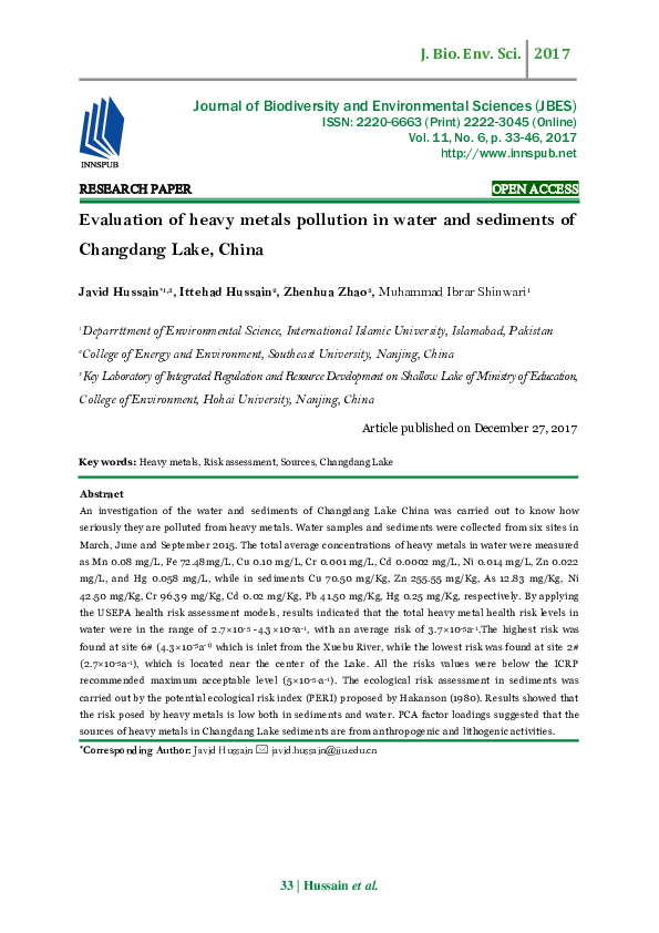 (PDF) Evaluation of heavy metals pollution in water and sediments of ...