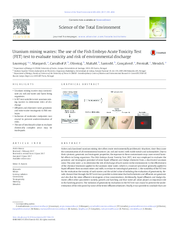 (PDF) Uranium mining wastes: The use of the Fish Embryo Acute Toxicity
