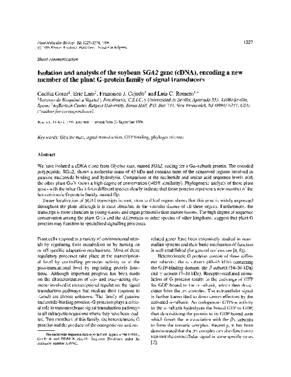 (PDF) Isolation and analysis of the soybean SGA2 gene (cDNA), encoding ...