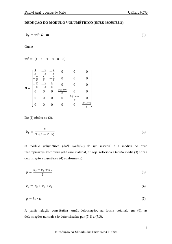 (PDF) DEDUÇÃO DO MÓDULO VOLUMÉTRICO (BULK MODULUS