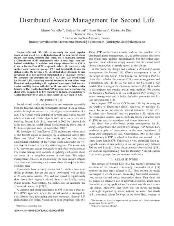(PDF) Distributed avatar management for Second Life