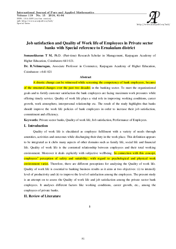 (PDF) Job satisfaction and Quality of Work life of Employees in Private ...