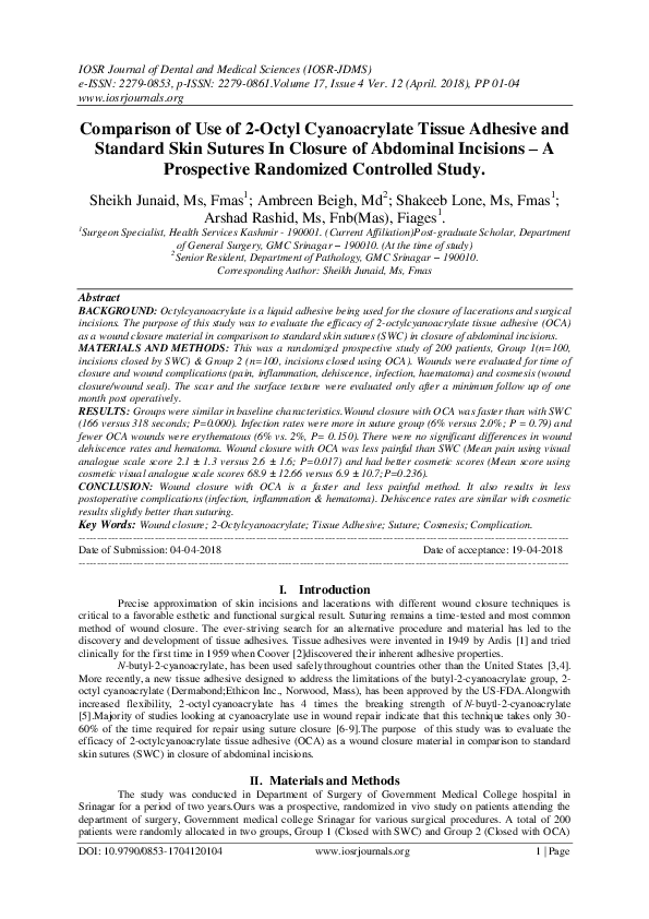 (PDF) Comparison of Use of 2Octyl Cyanoacrylate Tissue Adhesive and