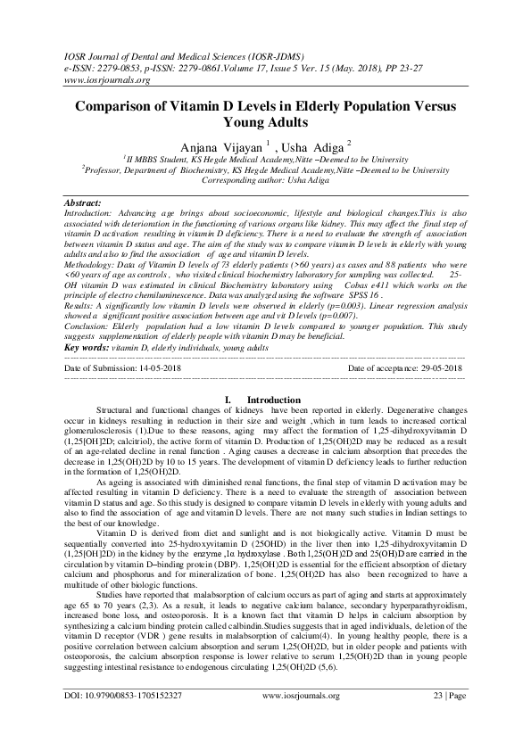 (PDF) Comparison of Vitamin D Levels in Elderly Population Versus Young ...