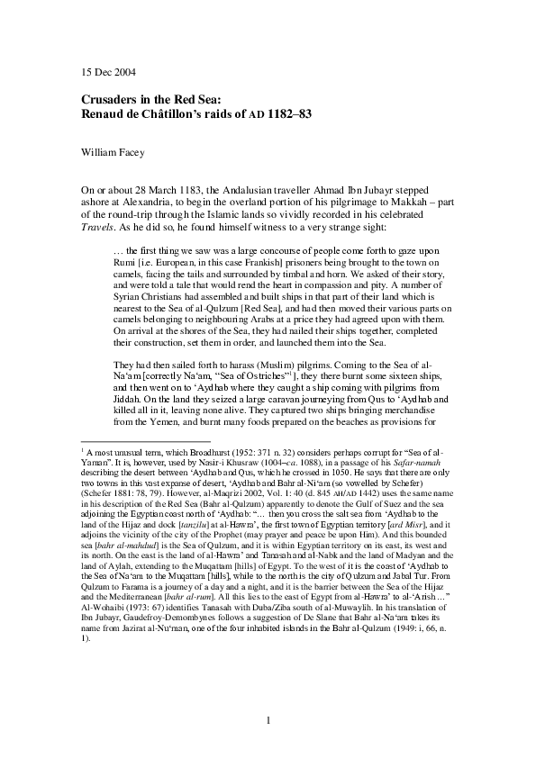 Crusaders in the Red Sea: Renaud de Châtillon's raids of AD 1182–83