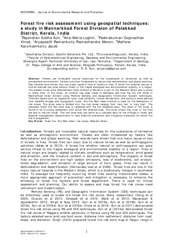 Pdf Forest Fire Risk Assessment Using Geospatial Techniques A Study