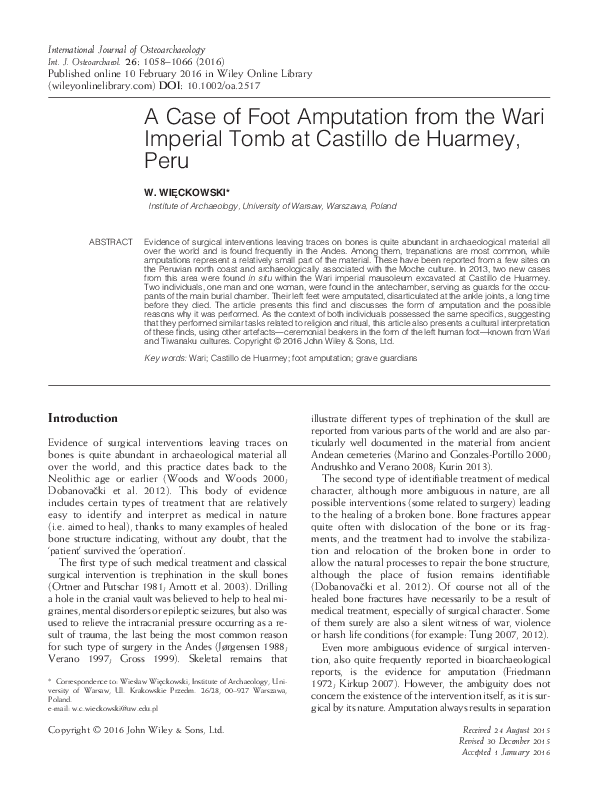 PDF A Case of Foot Amputation from the Wari Imperial Tomb at  