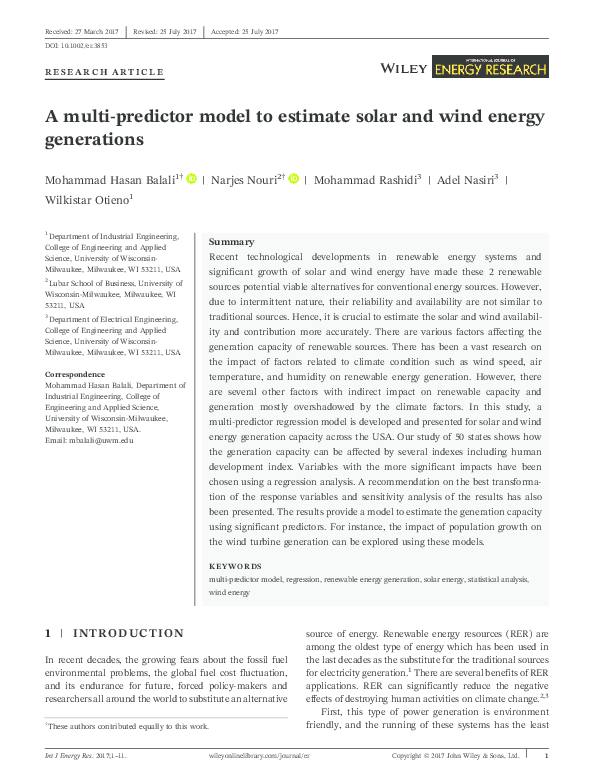 (PDF) A multi‐predictor model to estimate solar and wind energy generations