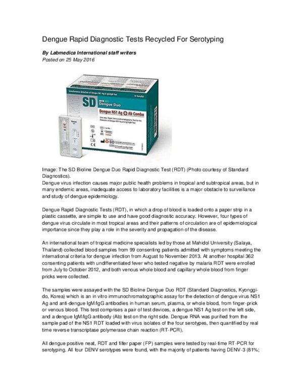 (PDF) Dengue Rapid Diagnostic Tests Recycled For Serotyping