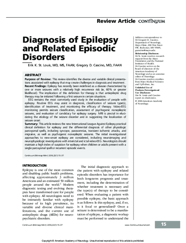 (PDF) Diagnosis of Epilepsy and Related Episodic Disorders