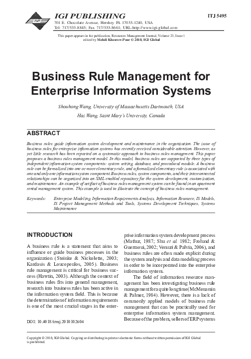 (PDF) Business Rule Management for Enterprise Information Systems
