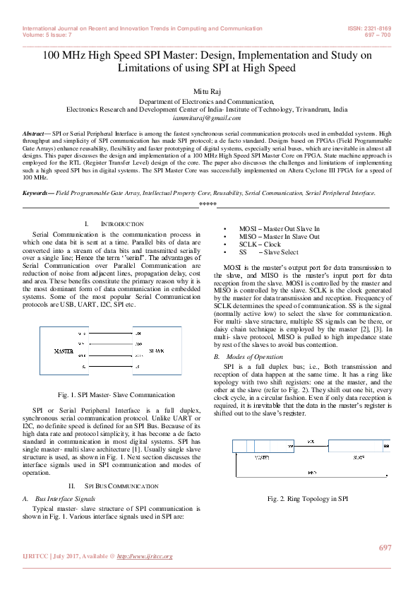 (PDF) 100 MHz High Speed SPI Master: Design, Implementation and Study