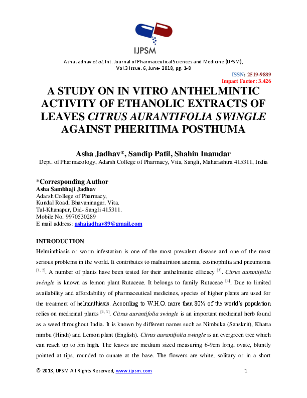 (PDF) A STUDY ON IN VITRO ANTHELMINTIC ACTIVITY OF ETHANOLIC EXTRACTS ...