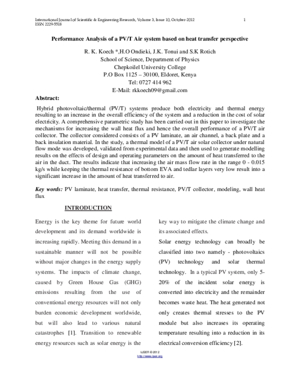 (PDF) Performance Analysis of a PV/T Air system based on heat transfer ...
