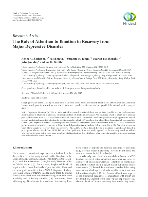 (PDF) The Role of Attention to Emotion in Recovery from Major ...