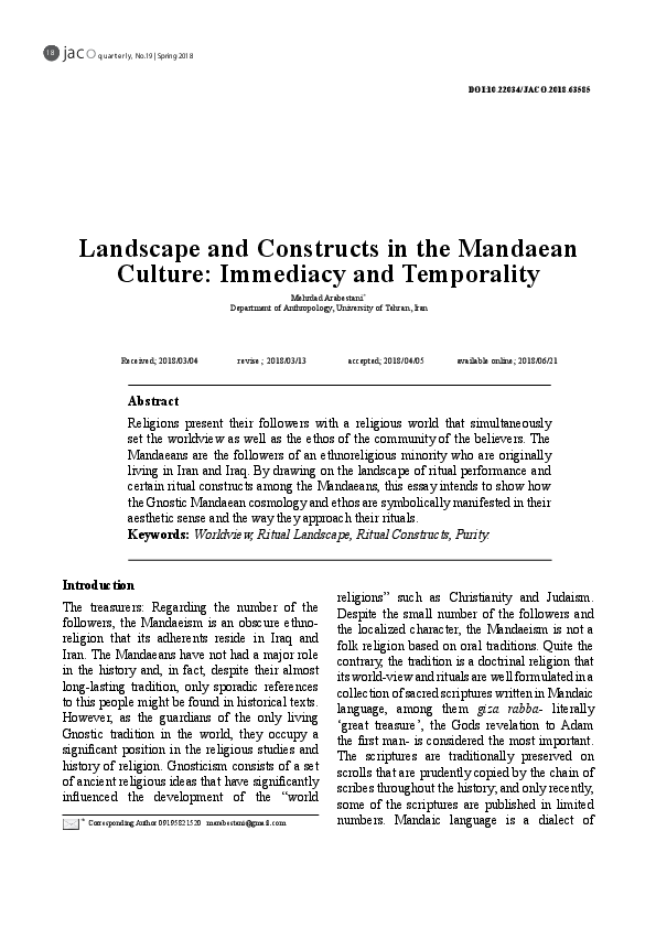 (PDF) Landscape and Constructs in the Mandaean Culture Immediacy and