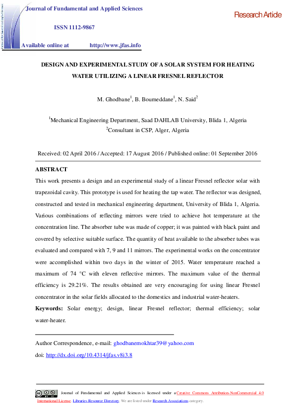(PDF) DESIGN AND EXPERIMENTAL STUDY OF A SOLAR SYSTEM FOR HEATING WATER ...