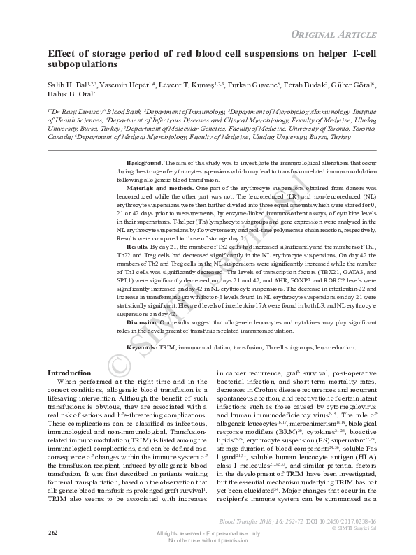 (PDF) Effect of storage period of red blood cell suspensions on helper ...