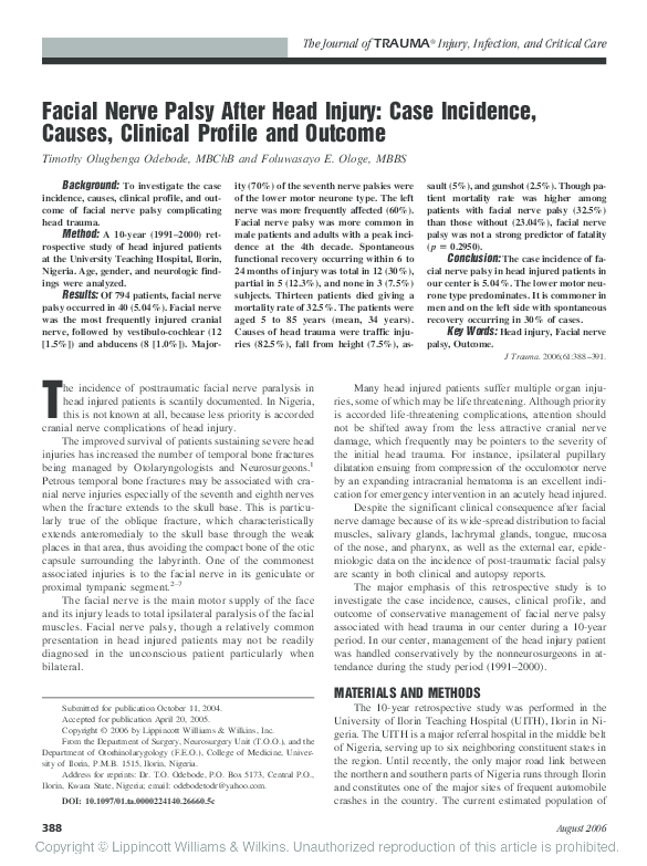 (PDF) Facial Nerve Palsy After Head Injury: Case Incidence, Causes ...