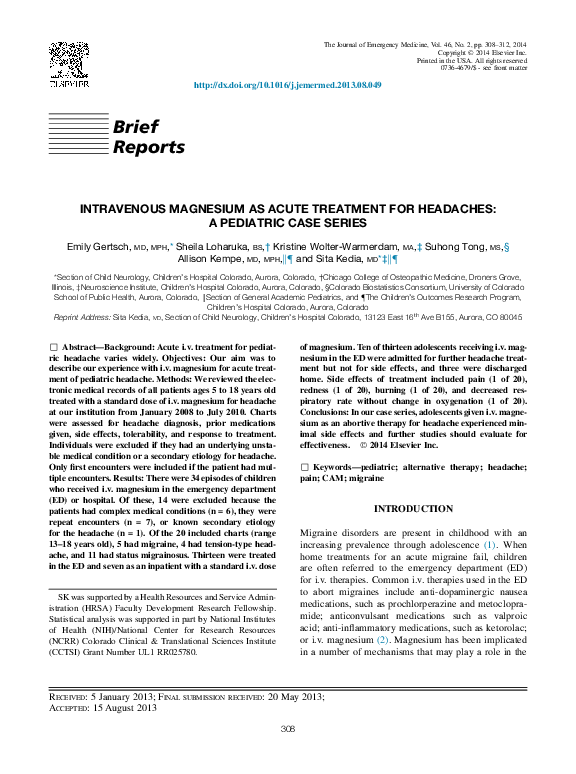 (PDF) Intravenous Magnesium As Acute Treatment for Headaches A