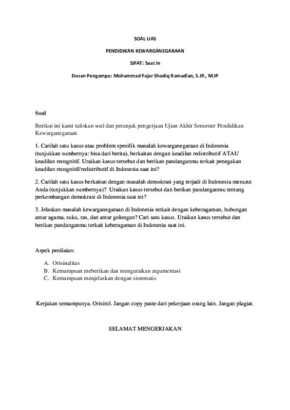 Soal Uas Pendidikan Kewarganegaraan Perguruan Tinggi