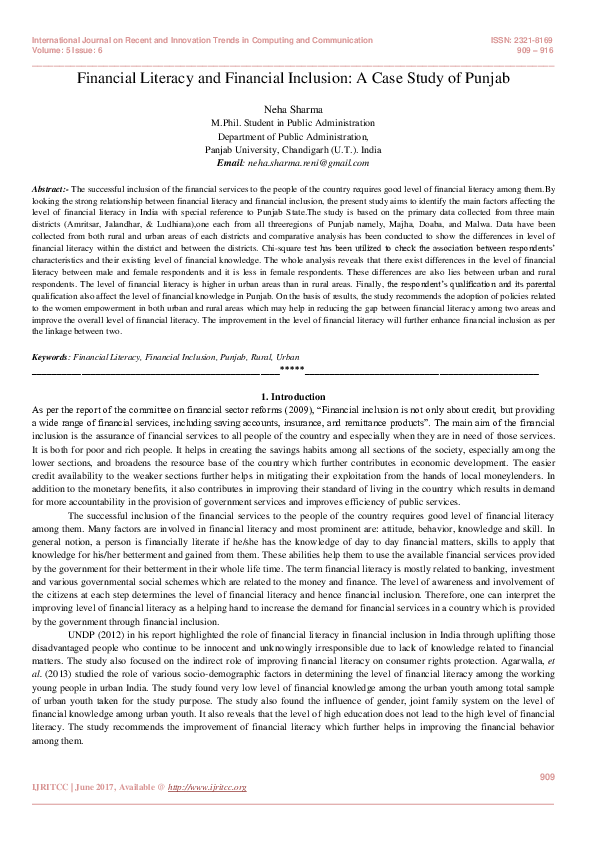 (PDF) Financial Literacy and Financial Inclusion: A Case Study of Punjab