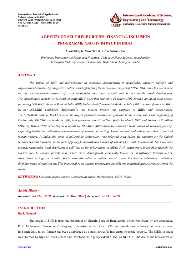 (PDF) A REVIEW ON SELF HELP GROUPS -FINANCIAL INCLUSION PROGRAMME AND ...