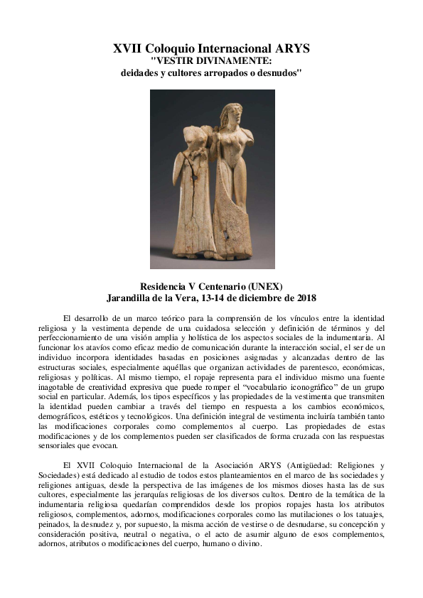 (PDF) XVII Coloquio Internacional ARYS "VESTIR DIVINAMENTE deidades y