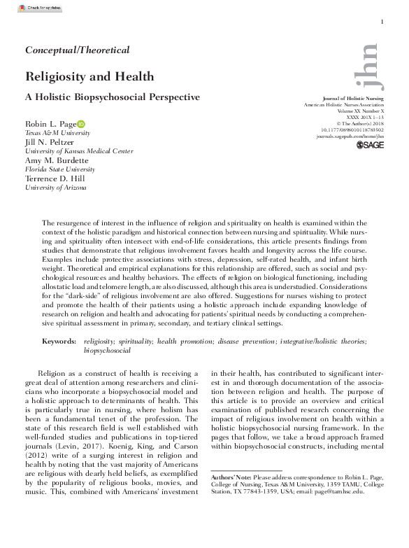 (PDF) Religiosity and Health: A Holistic Biopsychosocial Perspective.