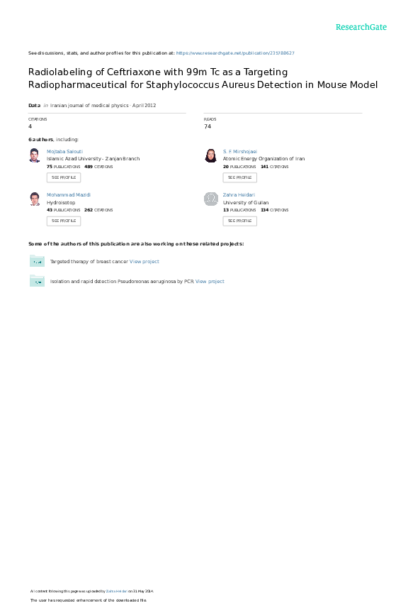 (PDF) Radiolabeling of Ceftriaxone with 99m Tc as a Targeting