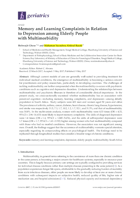 (PDF) Memory and Learning Complaints in Relation to Depression among ...