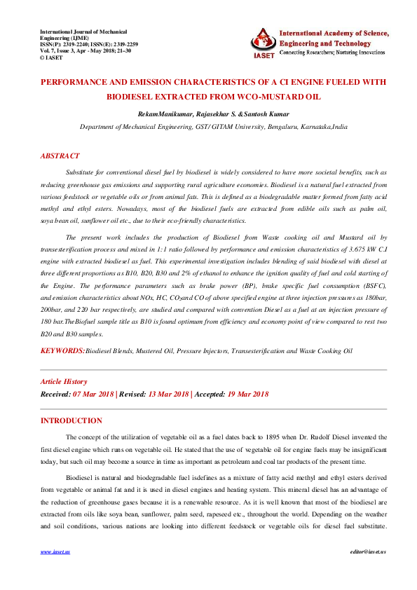 (PDF) PERFORMANCE AND EMISSION CHARACTERISTICS OF A CI ENGINE FUELED ...