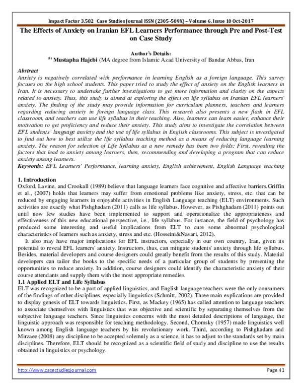 (PDF) The Effects of Anxiety on Iranian EFL Learners Performance ...