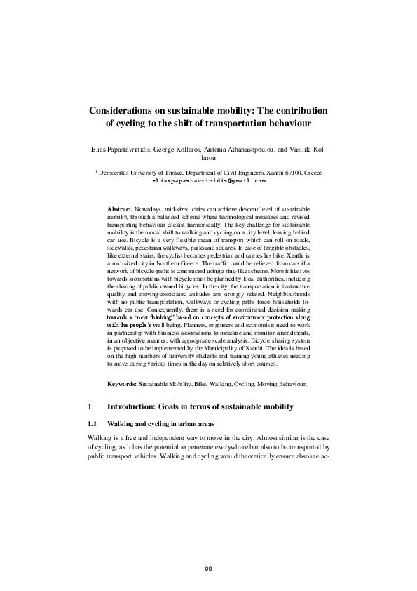 Considerations on sustainable mobility: The contribution of cycling to the shift of transportation behaviour