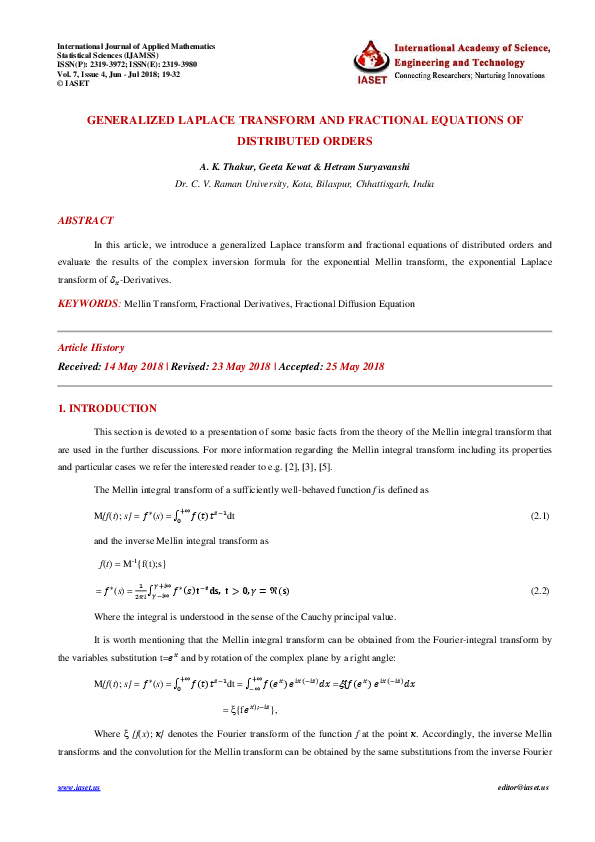 (PDF) GENERALIZED LAPLACE TRANSFORM AND FRACTIONAL EQUATIONS OF ...