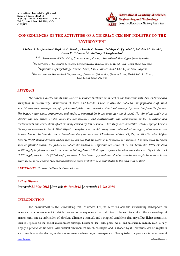 (PDF) CONSEQUENCES OF THE ACTIVITIES OF A NIGERIAN CEMENT INDUSTRY ON ...