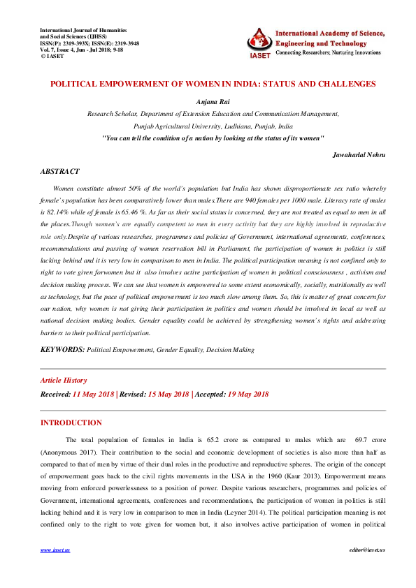 (PDF) POLITICAL EMPOWERMENT OF WOMEN IN INDIA: STATUS AND CHALLENGES ...