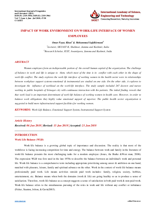 (PDF) IMPACT OF WORK ENVIRONMENT ON WORK-LIFE INTERFACE OF WOMEN EMPLOYEES