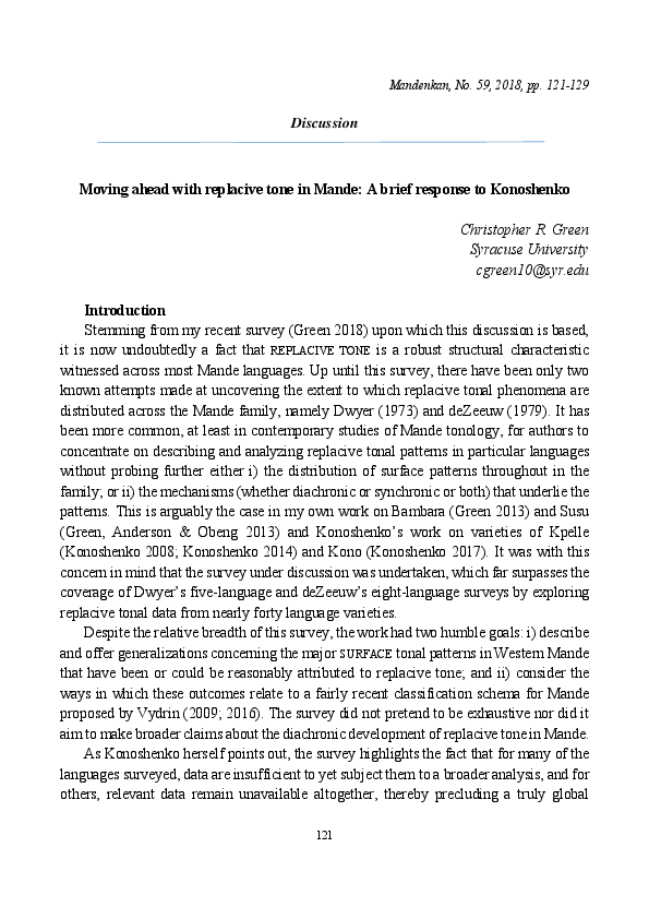 (PDF) Moving ahead with replacive tone in Mande: A brief response to ...
