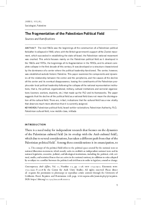 (PDF) The Fragmentation of the Palestinian Political Field Sources and ...