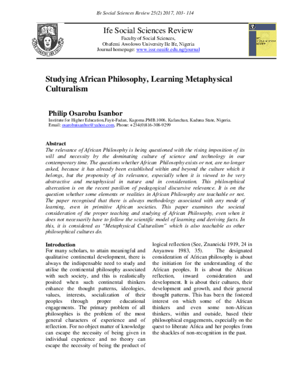 Pdf Studying African Philosophy Learning Metaphysical Culturalism
