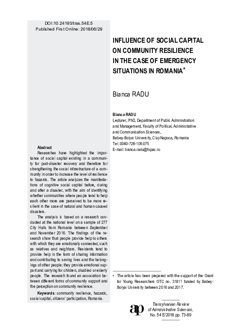 (PDF) INFLUENCE OF SOCIAL CAPITAL ON COMMUNITY RESILIENCE IN THE CASE ...