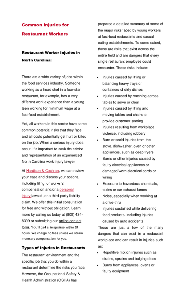 (DOC) Common Injuries for Restaurant Workers Restaurant Worker Injuries in