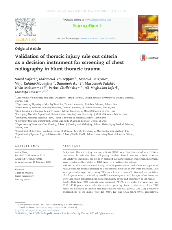 (PDF) Validation of thoracic injury rule out criteria as a decision ...