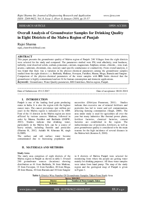 Pdf Overall Analysis Of Groundwater Samples For Drinking Quality In